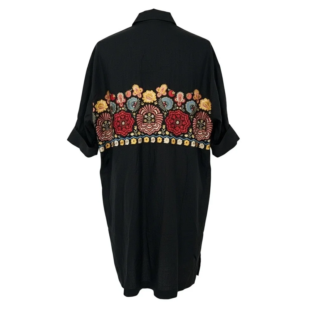 Andrea Jovine Black Linen Embroidered Floral Shirt Dress Tunic Size 14 - CJ - Picture 3 of 8